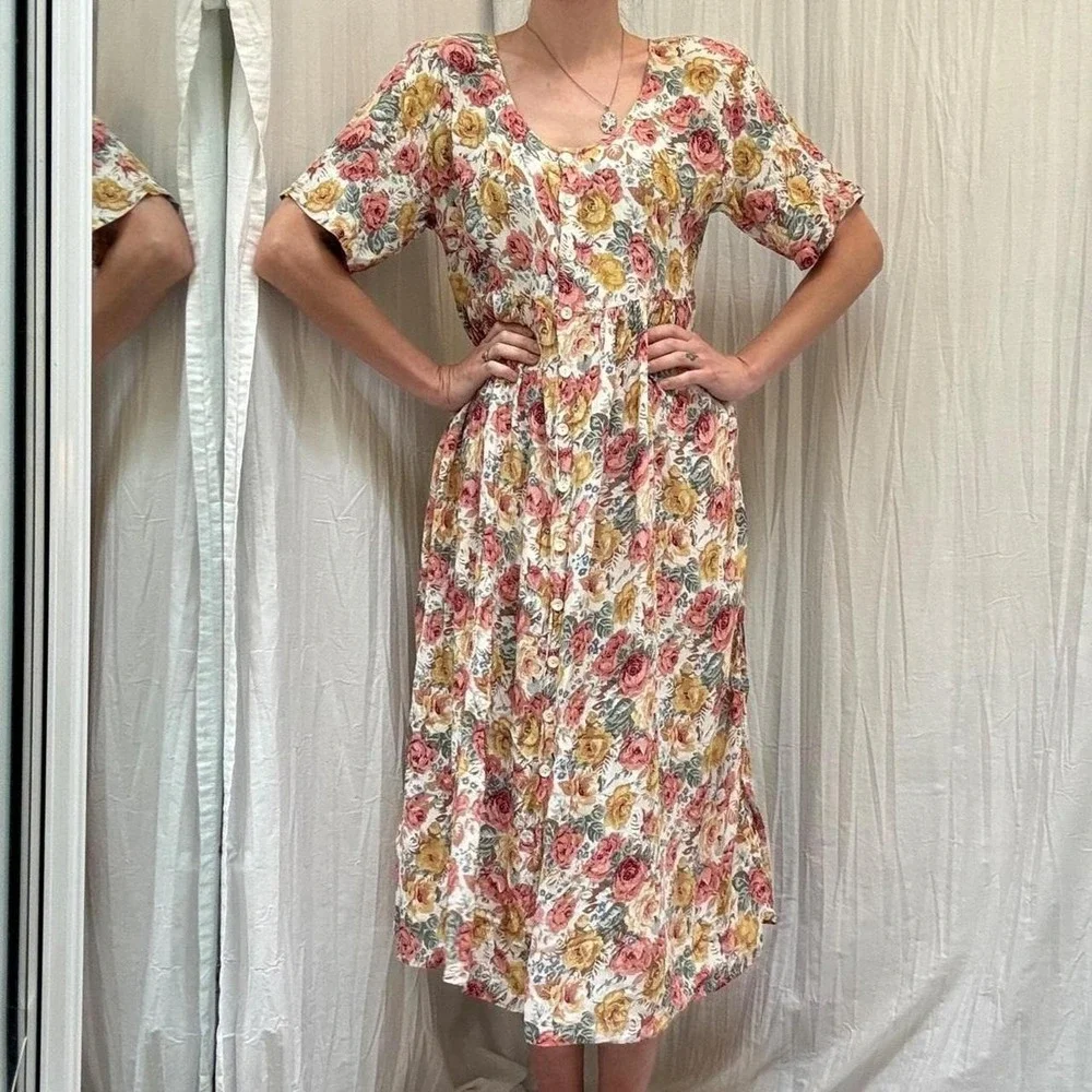 Pink, Green, Cream Rayon Floral Button Down Pleated Dress Revue Small VTG 90s - Picture 2 of 8